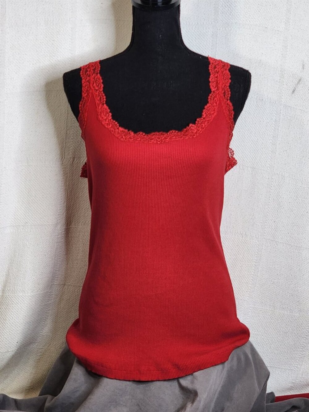 Chico's Red Ribbed Cotton Span Lace Neckline Straps Tank Top Chico Sz 3 US XL 16 - Picture 5 of 16